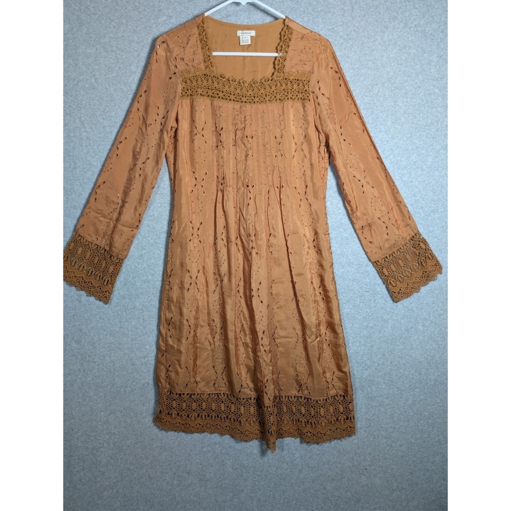 Sundance Midi Boho Dress Size 4 Silk Eyelet Crochet Trim Earthy Quiet Luxury